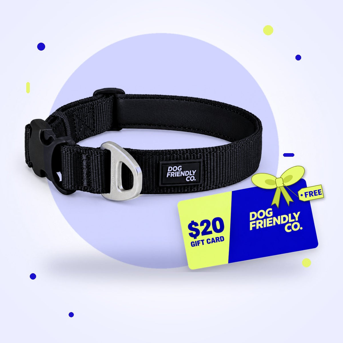 Black Essentials Collar with a free $20 Dog Friendly Co. gift card tied with a bow