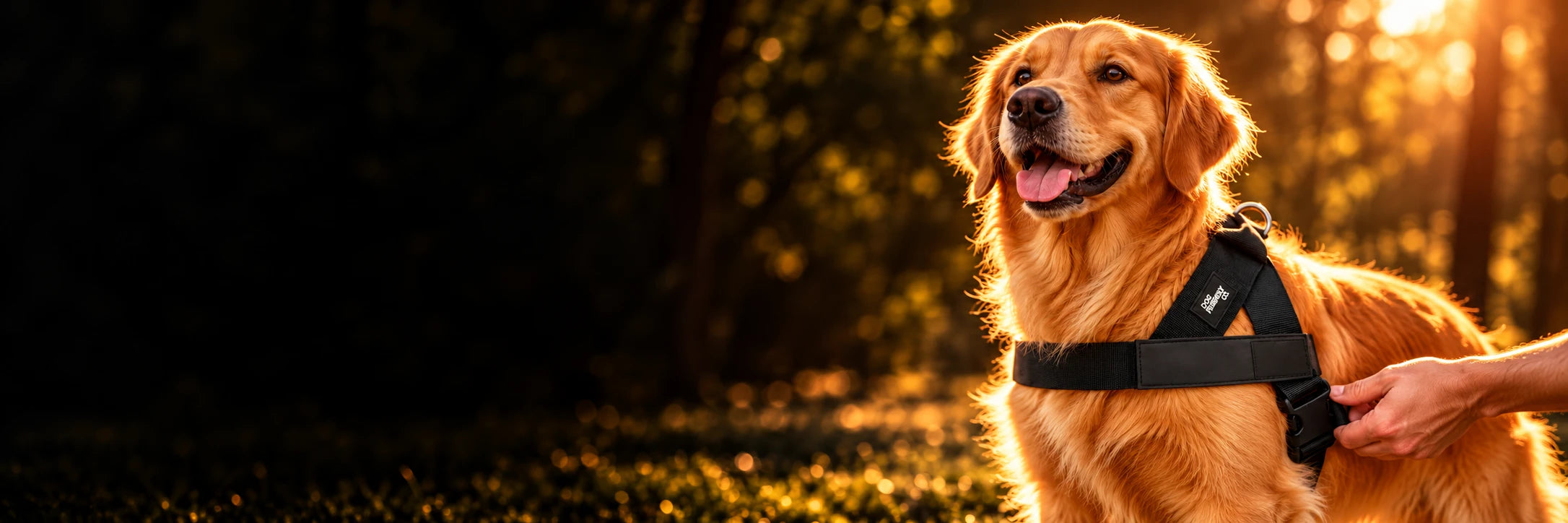 Golden retriever in a DFC harness under a dramatic warm spotlight