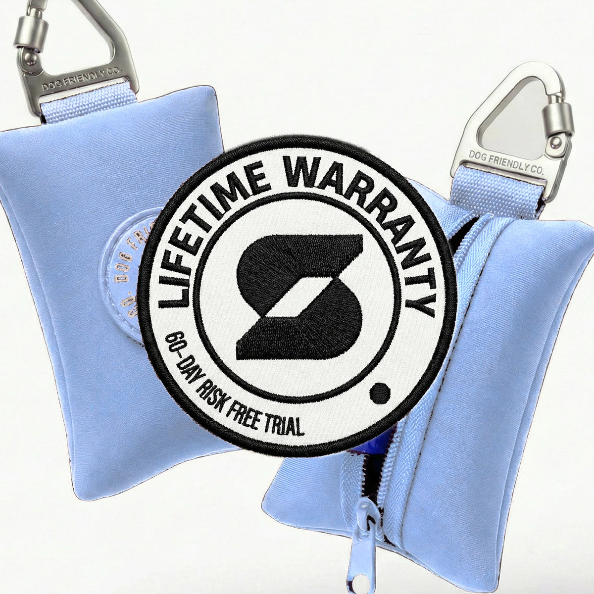 Lifetime Warranty, 60-day risk free trial badge over the Air poop bag holder