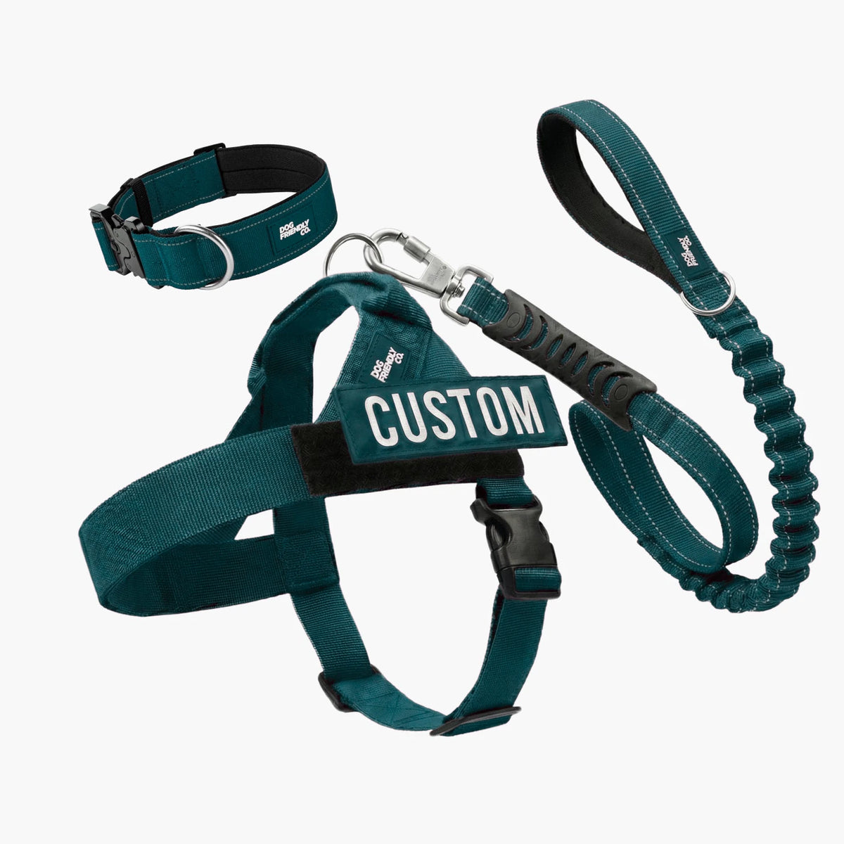 Dog Lovers Pack in Forest, 7AM Club Limited Edition: no-pull harness with a custom name patch, tactical collar and bungee leash