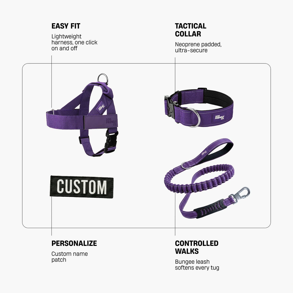 Dog Lovers Pack in Indigo. Easy fit: lightweight harness, one click on and off. Tactical collar: neoprene padded, ultra-secure. Personalize: custom name patch. Controlled walks: bungee leash softens every tug.