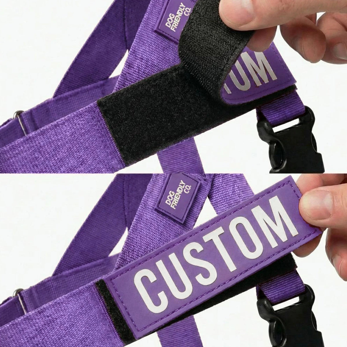 Close-up of a CUSTOM name patch being pressed onto the Indigo harness