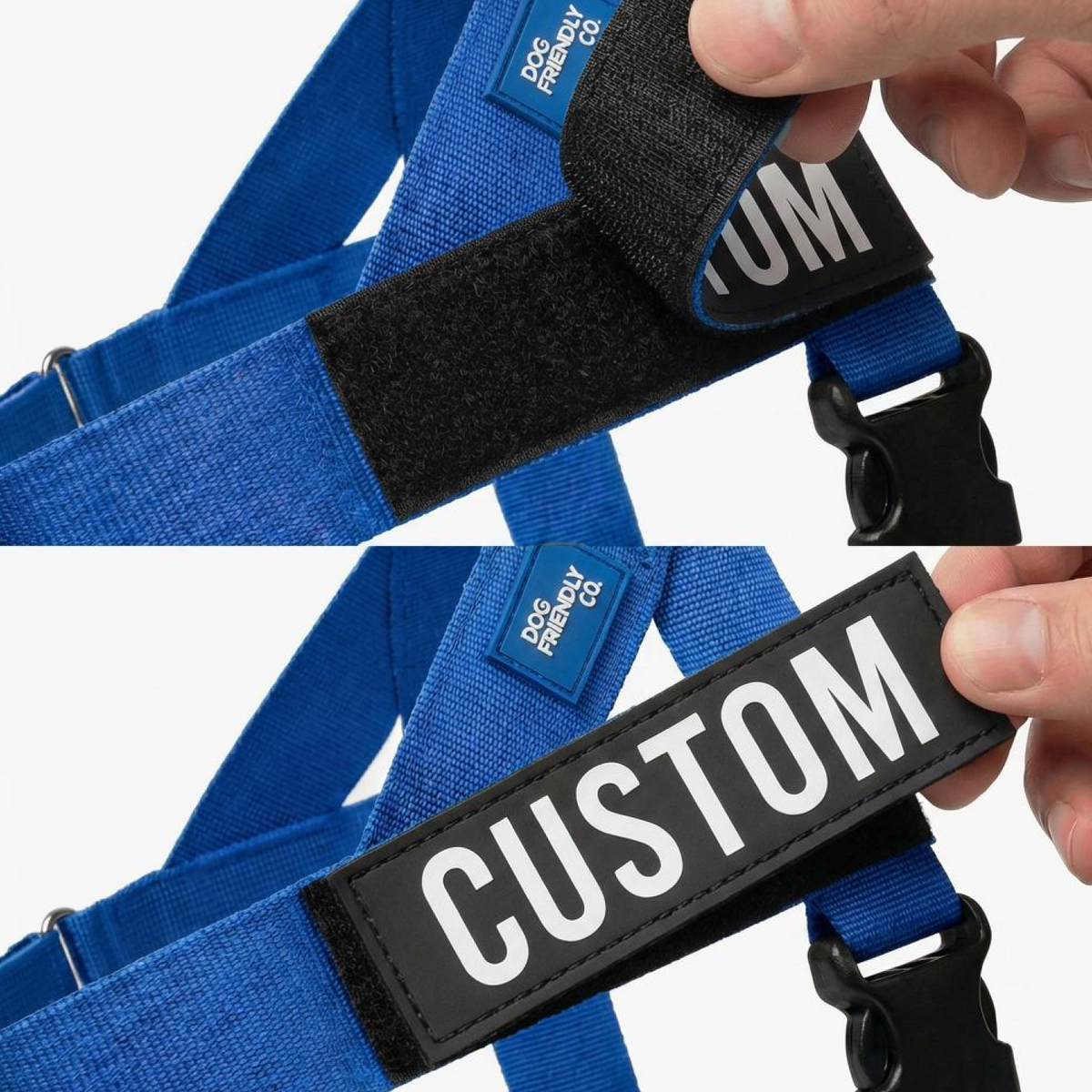 Classic Blue Dog Lovers Pack custom name patch showing how the patch attaches to the dog harness.