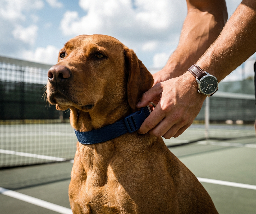 Hand fastening the quick-release buckle of a navy Essentials Collar on a brown dog.