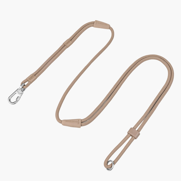Premium Brown hands-free dog leash showing the braided rope, adjustable slider, metal D-ring and heavy-duty carabiner clip.