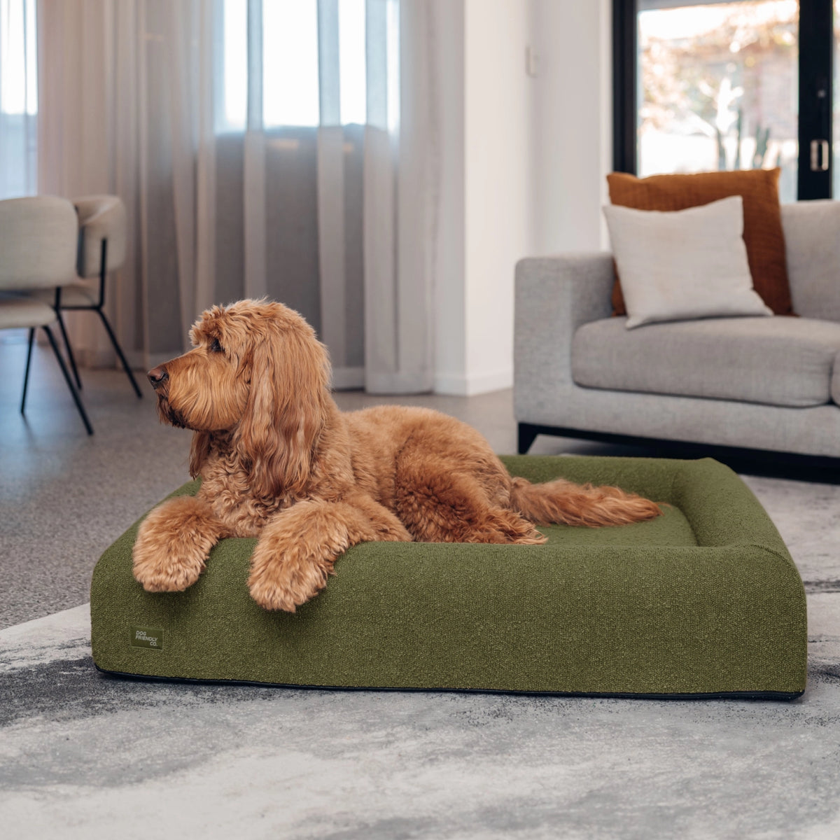 Dog lying on a green bouclé-covered dog bed in a home setting.