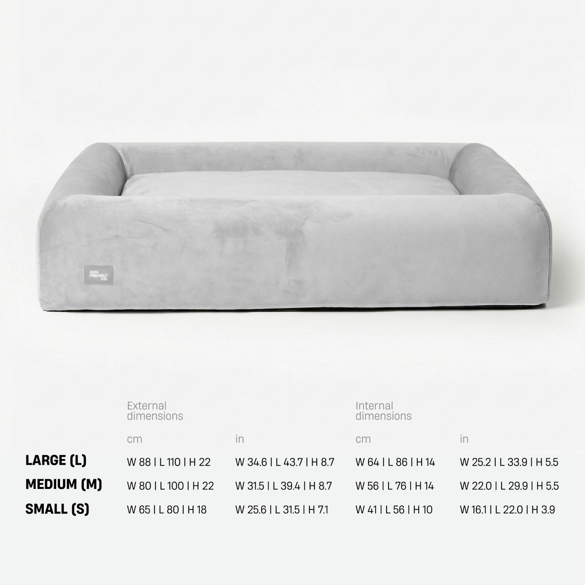 Bed size chart in centimetres, width by length by height. Large: external 88 by 110 by 22, internal 64 by 86 by 14. Medium: external 80 by 100 by 22, internal 56 by 76 by 14. Small: external 65 by 80 by 18, internal 41 by 56 by 10.