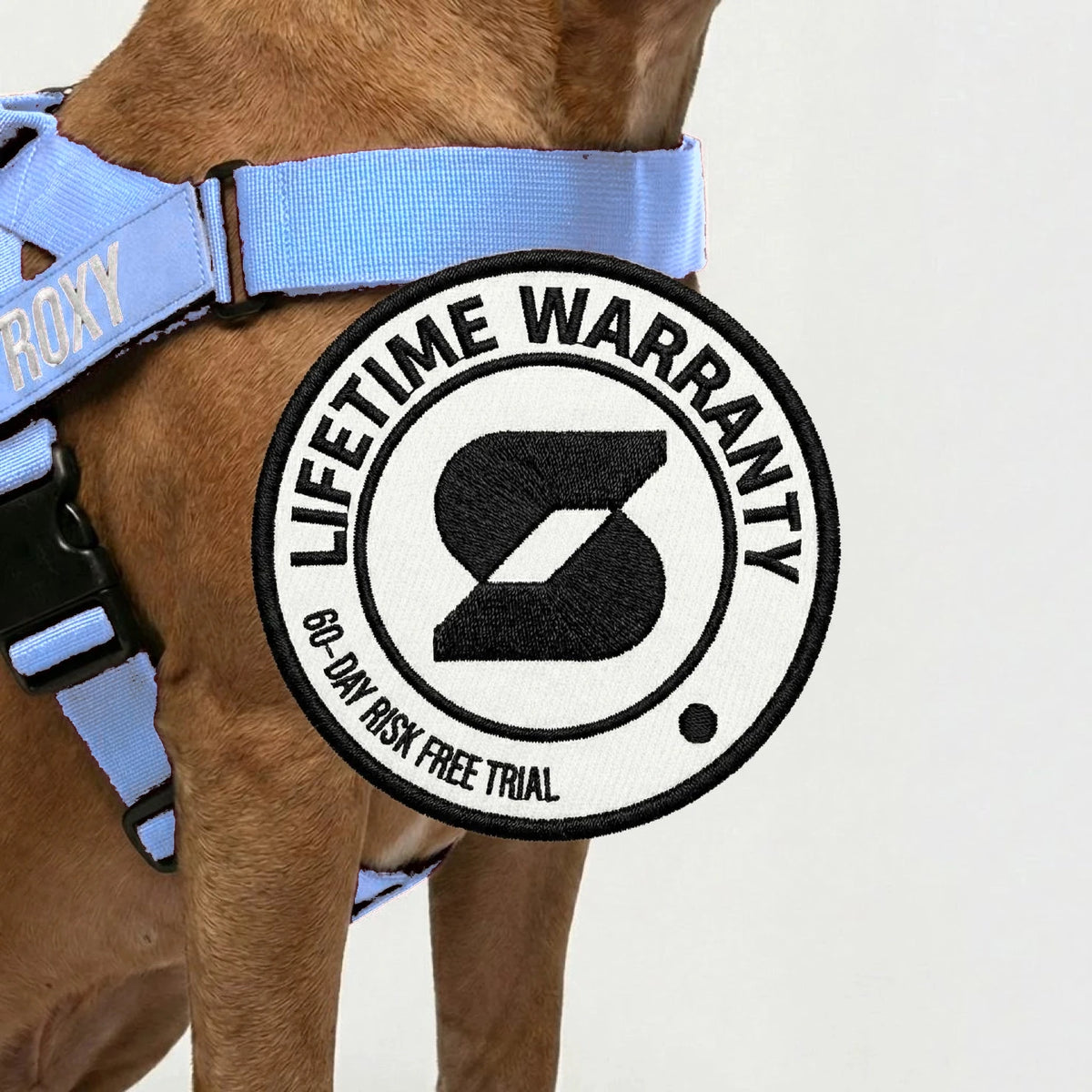 Lifetime Warranty, 60-day risk free trial badge over a dog wearing the Air harness