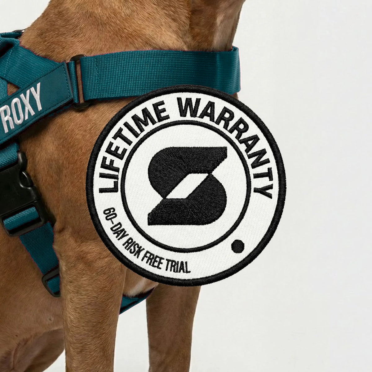 Lifetime Warranty, 60-day risk free trial badge over a dog wearing the Forest harness