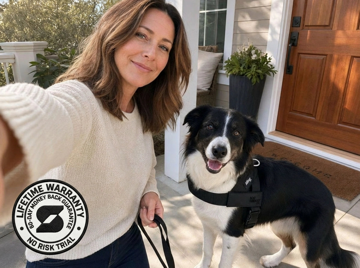 [REPLACE: DogFriendlyCo harness with 60-Day Money-Back Guarantee badge visible]