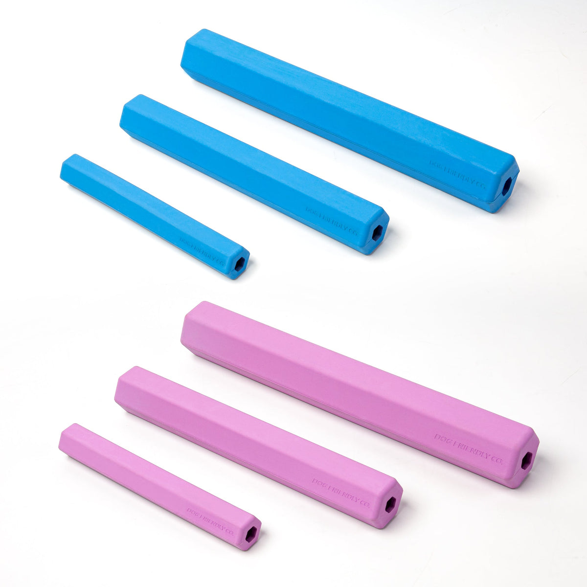 Dog Friendly Co. Fetch Sticks in blue and pink, shown in Small, Medium, and Large sizes.